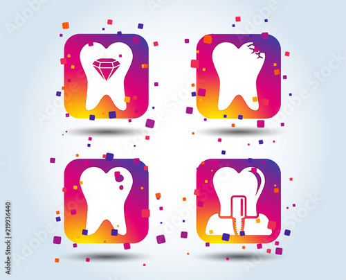Dental care icons. Caries tooth sign. Tooth endosseous implant symbol. Tooth crystal jewellery. Colour gradient square buttons. Flat design concept. Vector