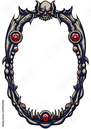 Magic horror oval frame/ Illustration halloween frame with skull, claws, eyes, wings, magic symbols, pentagrams
