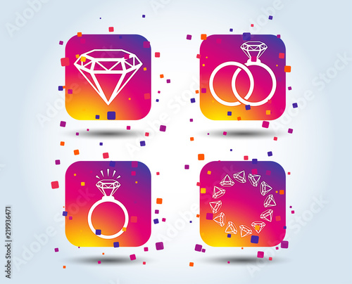 Rings icons. Jewelry with shine diamond signs. Wedding or engagement symbols. Colour gradient square buttons. Flat design concept. Vector
