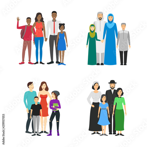 Cartoon Characters Different Nationals Families Set. Vector
