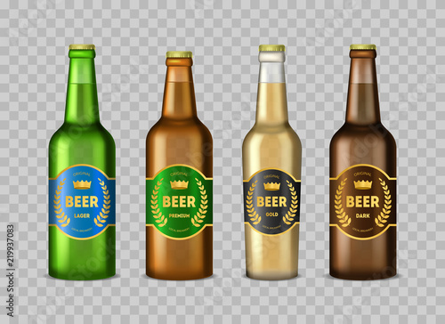 Realistic Detailed 3d Glass Beer Bottles Set. Vector