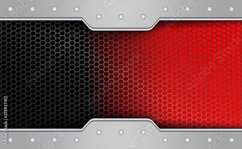 Geometric red mesh background with a metallic hued frame with rivets.