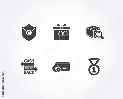 Set of Ð¡opyright protection, Payment method and Cashback card icons. Delivery boxes, Search package and Best rank signs. Shield, Cash or non-cash payment, Birthday gifts. Vector