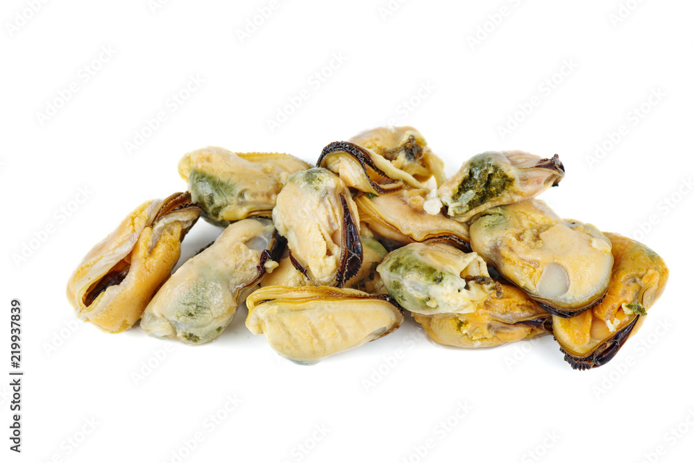 Pile of pickled mussels isolated on white background Pile of pickled mussels isolated on white background