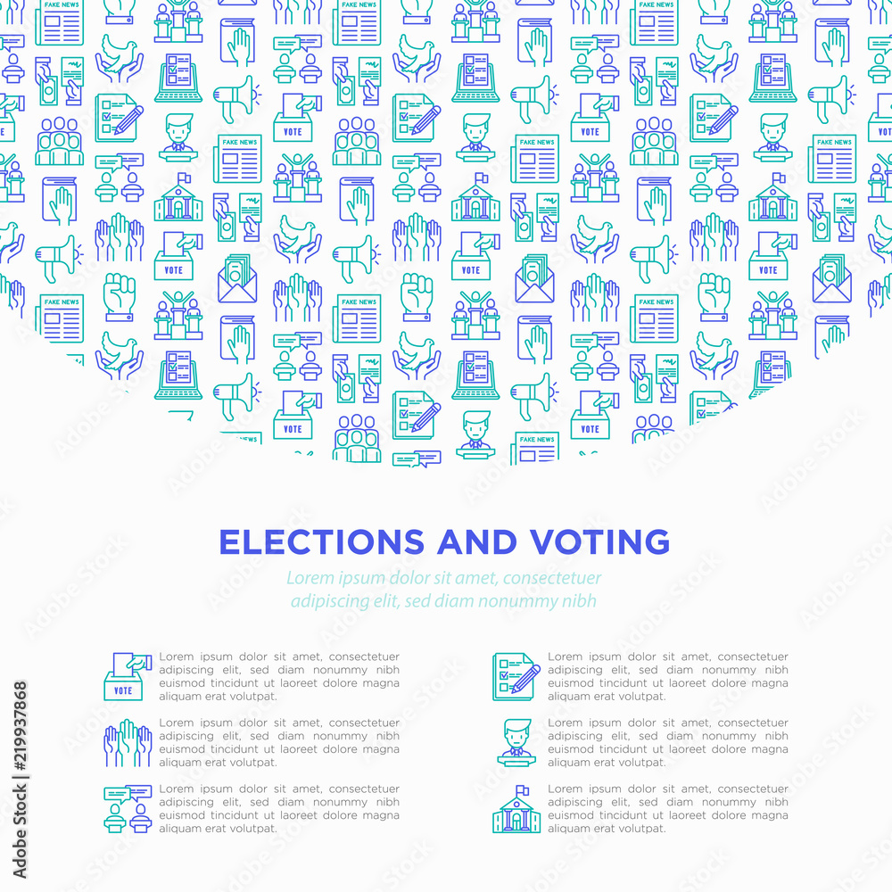 Election and voting concept with thin line icons: voters, ballot box, inauguration, corruption, debate, president, political victory, propaganda, bribe. Vector illustration, print media template. Election and voting concept with thin line icons: voters, ballot box, inauguration, corruption, debate, president, political victory, propaganda, bribe. Vector illustration, print media template.