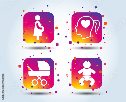 Maternity icons. Baby infant, pregnancy and buggy signs. Baby carriage pram stroller symbols. Head with heart. Colour gradient square buttons. Flat design concept. Vector