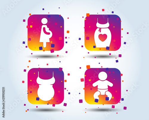 Maternity icons. Baby infant, pregnancy and shirt signs. Dress with heart symbol. Colour gradient square buttons. Flat design concept. Vector