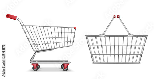 Fotografering Empty metallic supermarket shopping cart side view isolated