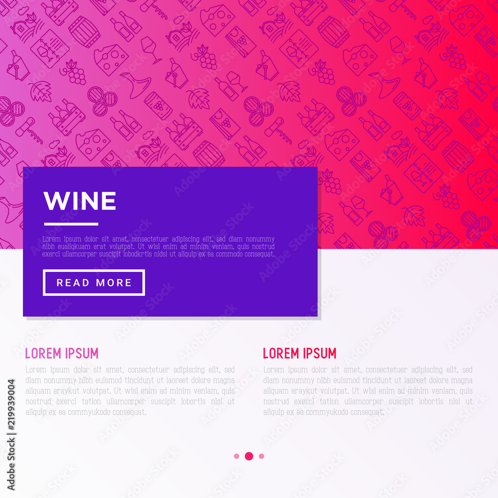 Wine concept with thin line icons: corkscrew, wine glass, cork, grapes, barrel, list, decanter, cheese, vineyard, bucket, shop, delivery. Modern vector illustration, web page template.