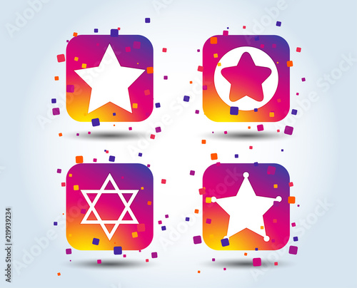 Star of David icons. Sheriff police sign. Symbol of Israel. Colour gradient square buttons. Flat design concept. Vector