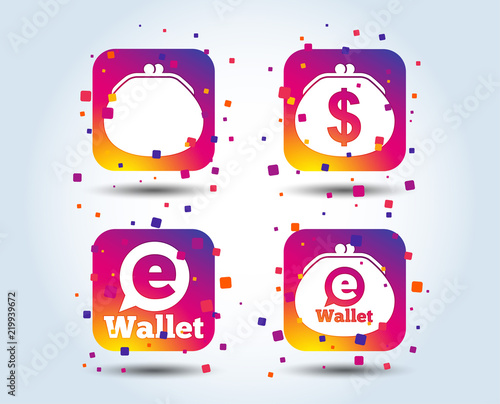 Electronic wallet icons. Dollar cash bag sign. eWallet symbol. Colour gradient square buttons. Flat design concept. Vector