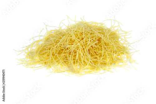 Pile of uncooked instant noodles isolated on white background