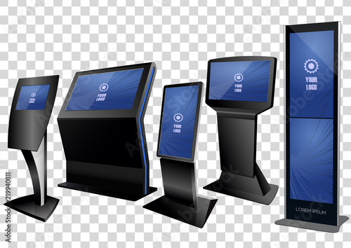 Five Promotional Interactive Information Kiosk, Advertising Display, Terminal Stand, Touch Screen Display isolated on transparent background. Mock Up Template.