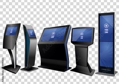 Five Promotional Interactive Information Kiosk, Advertising Display, Terminal Stand, Touch Screen Display isolated on transparent background. Mock Up Template.