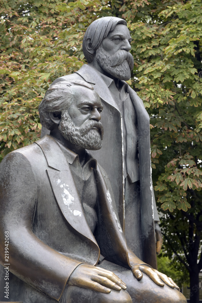 Karl Marx and Friedrich Engels sculpture in the Marx-Engels-Forum, a public park in the central Mitte district of Berlin, Germany