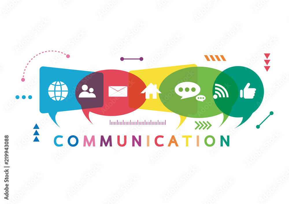 Vector illustration of a communication concept. The word communication with colorful dialog speech bubbles