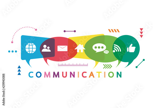 Vector illustration of a communication concept. The word communication with colorful dialog speech bubbles photo