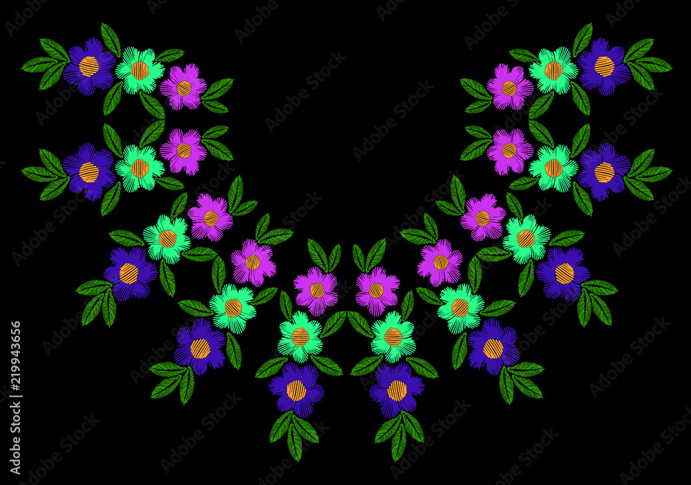 Colorful flower with leaf frame embroidery stitches imitation Colorful flower with leaf frame embroidery stitches imitation