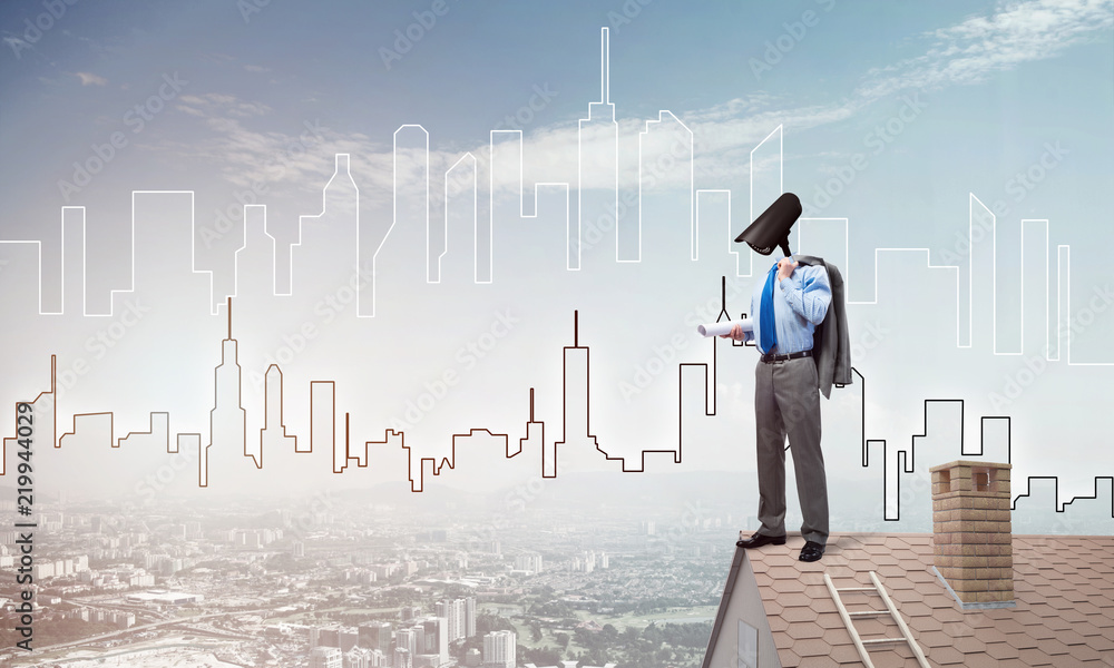 Concept of home security and privacy protection with camera headed man