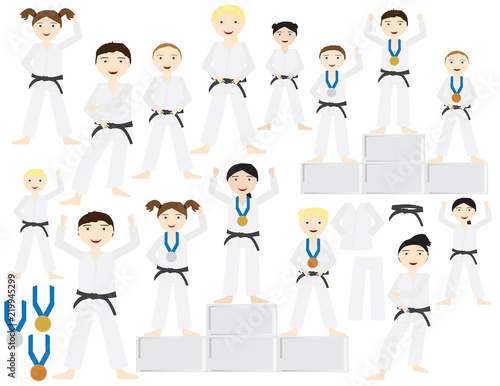 Group of people adults and kids with Judo uniforms and black belt different poses