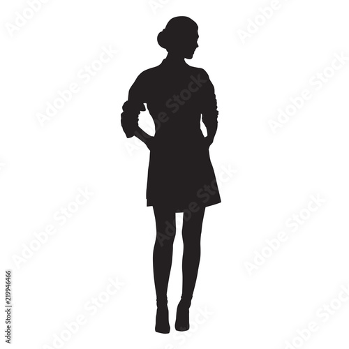 Business woman standing, isolated vector silhouette. Model posing