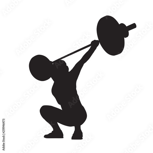 Weight lifting woman with big barbell, isolated vector silhouette