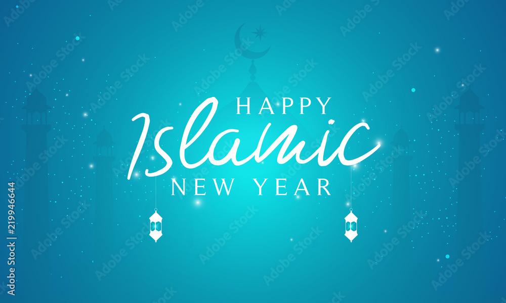 Happy Islamic New Year (Hijri New Year) Vector illustration. Night view with beautiful mosque.