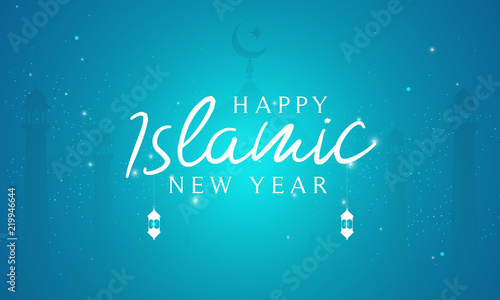 Happy Islamic New Year (Hijri New Year) Vector illustration. Night view with beautiful mosque.