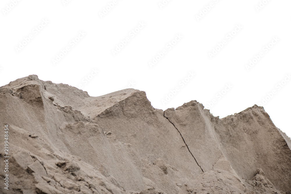 Large piles of construction sand and gravel used for asphalt production and building, isolated on white background. Limestone quarry, mining rocks and stones