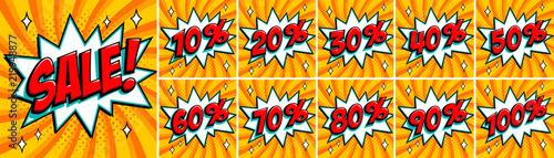 Big orange color sale set. Sale inscription and all percent numbers. orange and red colors. Pop-art comics style web banners, flash animation, stickers, tags.
