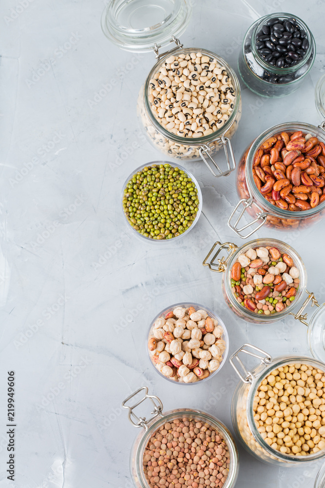 Assortment of vegan protein source food, legumes, lentils, chickpeas, beans Assortment of vegan protein source food, legumes, lentils, chickpeas, beans