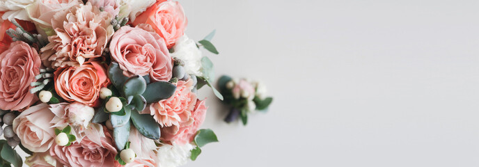 Fresh bunch of pink peonies and roses with copy space