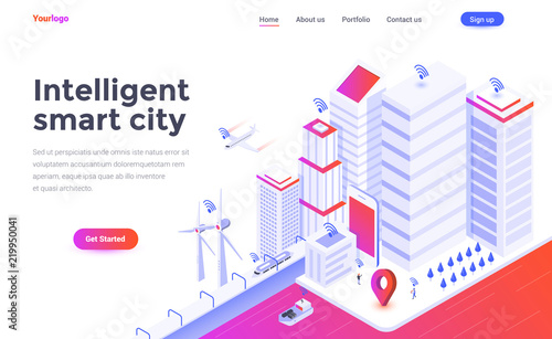 Flat color Modern Isometric Concept Illustration - Intelligent smart city