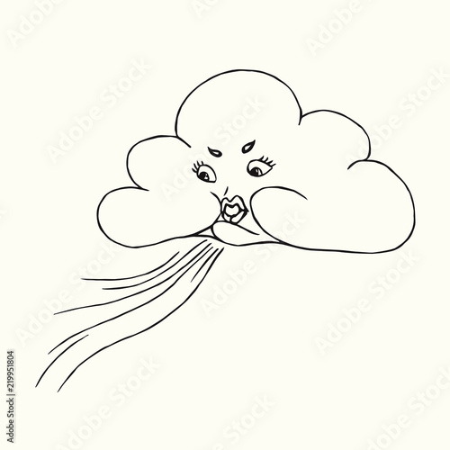Cloud with funny face blowing wind from it`s lips, hand drawn doodle, sketch isolated vector outline black and white illustration