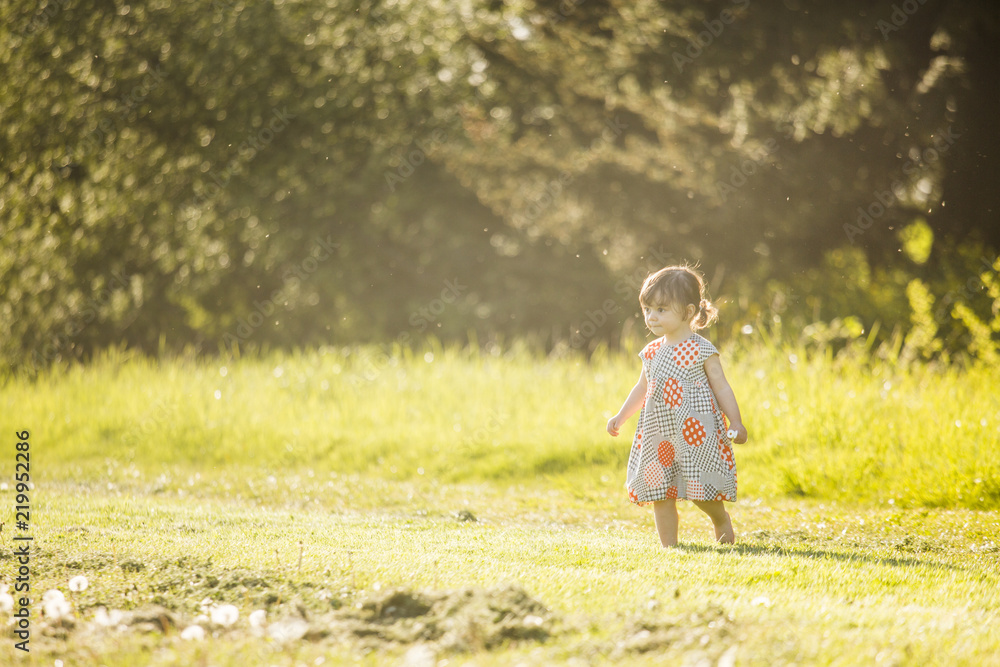 Cute little girl in a dress playing in the grass at sunset. Cute little girl in a dress playing in the grass at sunset.