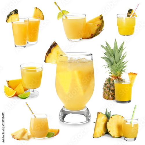 Set of tasty fresh pineapple juice on white background