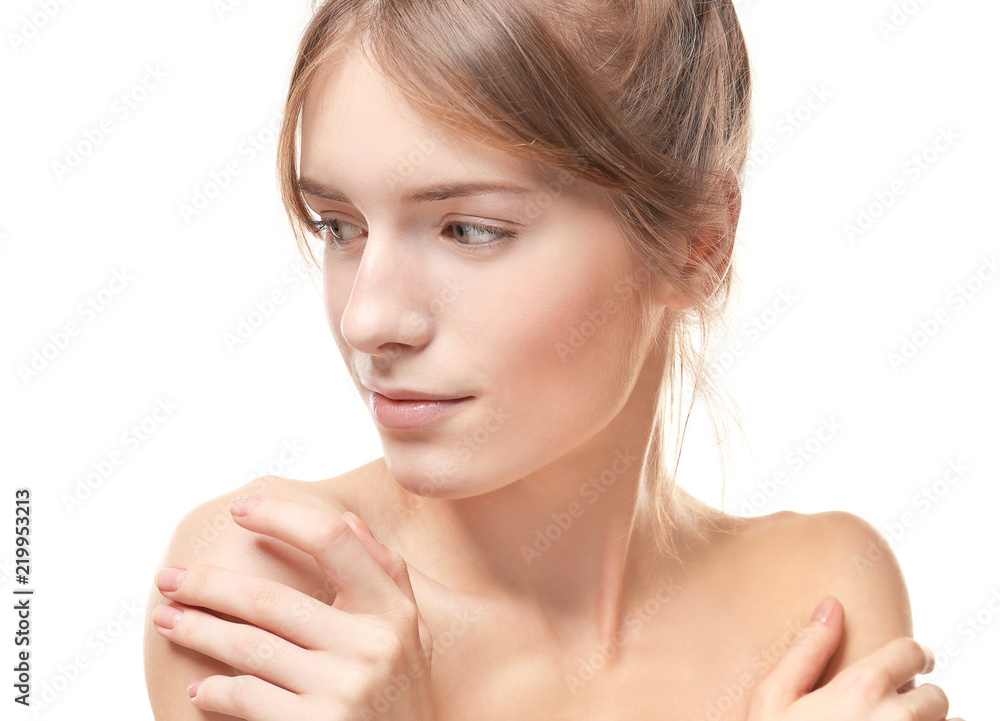 Beautiful young woman with silky skin on white background Beautiful young woman with silky skin on white background