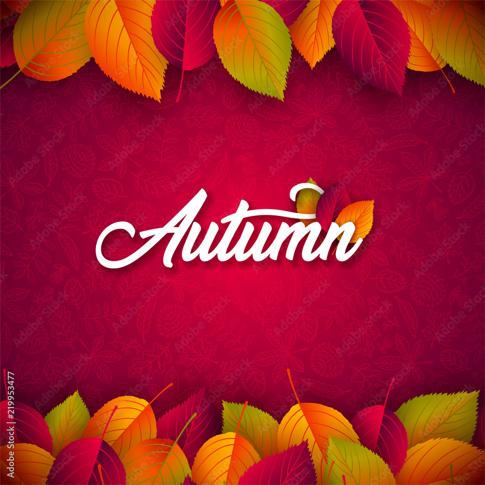 Autumn Illustration with Falling Leaves and Lettering on Red Background. Autumnal Vector Design with Hand Drawn Doodles for Greeting Card, Banner, Flyer, Invitation, Brochure or Promotional Poster. Autumn Illustration with Falling Leaves and Lettering on Red Background. Autumnal Vector Design with Hand Drawn Doodles for Greeting Card, Banner, Flyer, Invitation, Brochure or Promotional Poster.