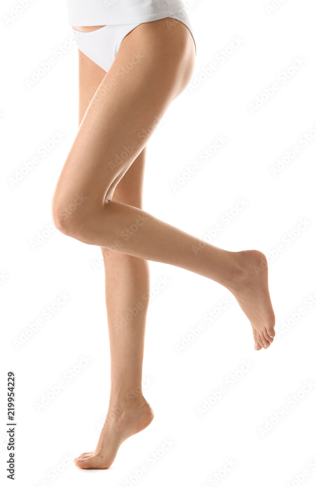 Young woman with silky skin after epilation on white background Young woman with silky skin after epilation on white background