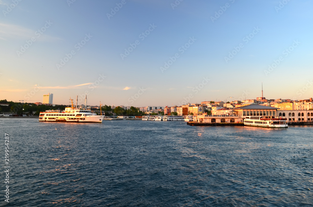 Istanbul, Turkey. Ferries float on waterway.Sea of Marmara. Sunset