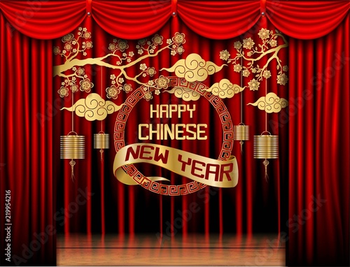 Happy Chinese New Year 2019, golden paper art flowers and pig design in red and gold, happy pig year in Chinese words