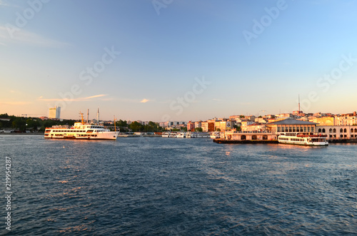 Istanbul, Turkey. Ferries float on waterway.Sea of Marmara. Sunset