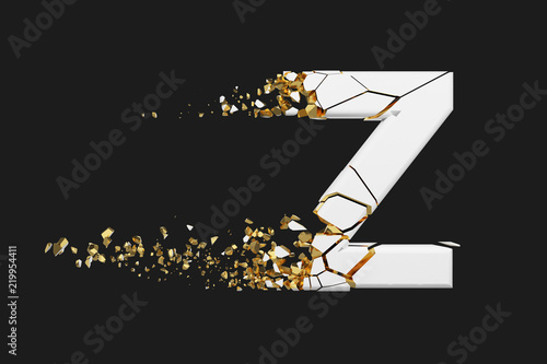 Broken shattered alphabet letter Z uppercase. Crushed white and gold font. 3D render isolated on grey background.