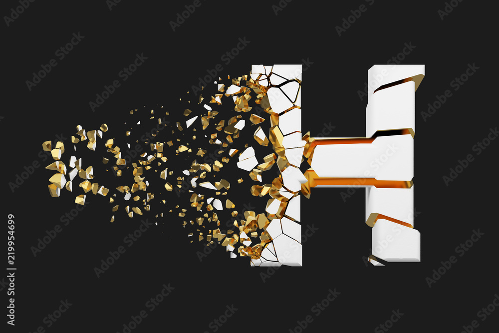 Exploding Letter H Broken shattered alphabet letter H uppercase. Crushed white and gold ...