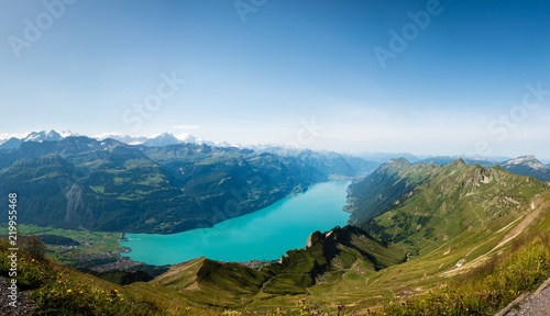 Panoramic View of the Lake Brienz from the Brienzer Rothorn in the canton of berne in Switzerland