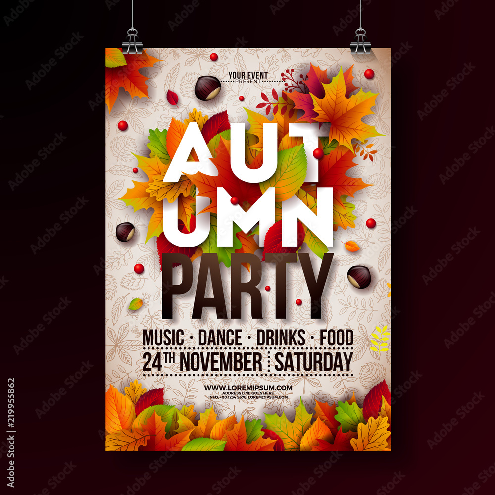 Naklejka premium Autumn Party Flyer Illustration with falling leaves and typography design on doodle pattern background. Vector Autumnal Fall Festival Design for Invitation or Holiday Celebration Poster.