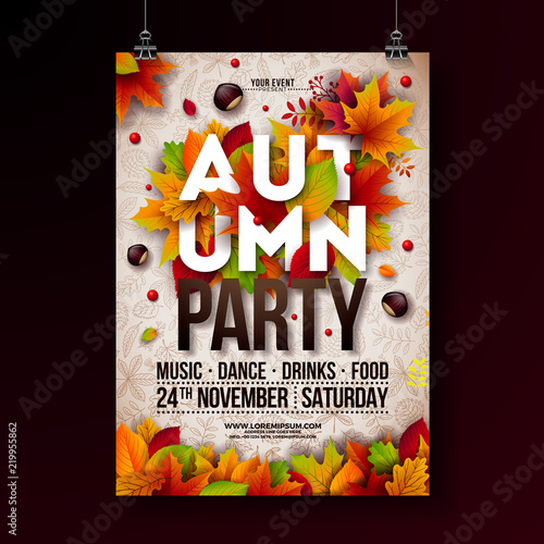 Autumn Party Flyer Illustration with falling leaves and typography design on doodle pattern background. Vector Autumnal Fall Festival Design for Invitation or Holiday Celebration Poster.
