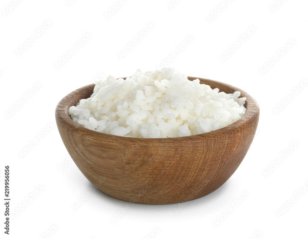 Wooden bowl with freshly cooked rice on white background Wooden bowl with freshly cooked rice on white background