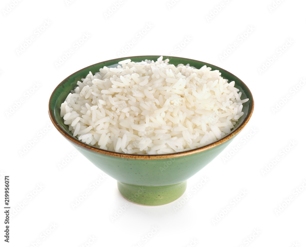 Bowl with freshly cooked rice on white background Bowl with freshly cooked rice on white background