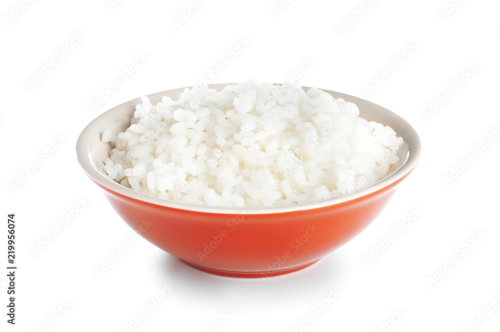 Bowl with freshly cooked rice on white background Bowl with freshly cooked rice on white background